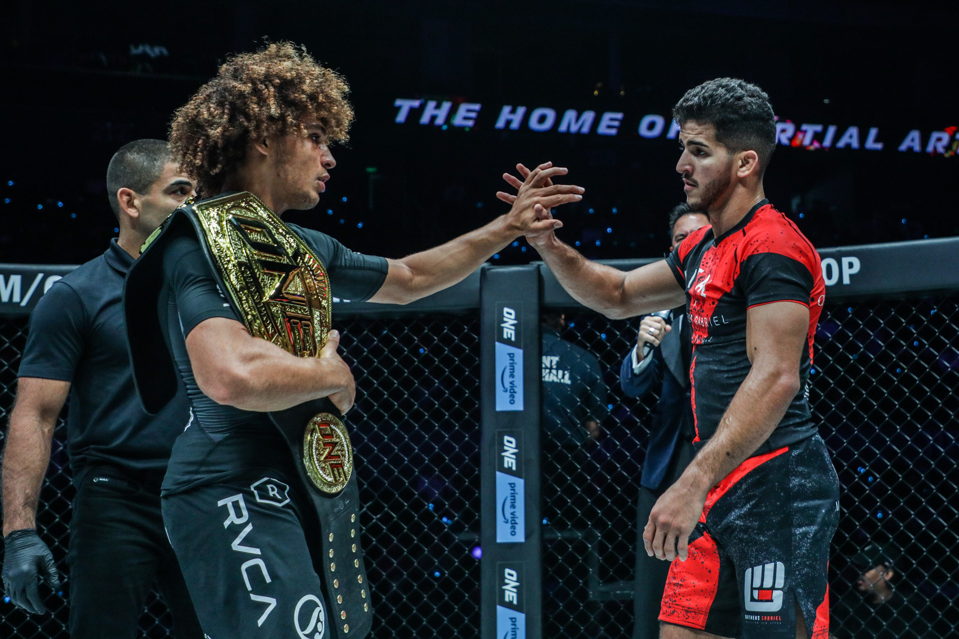 Kade Ruotolo and Matheus Gabriel high five following their fight at ONE on Prime Video 5