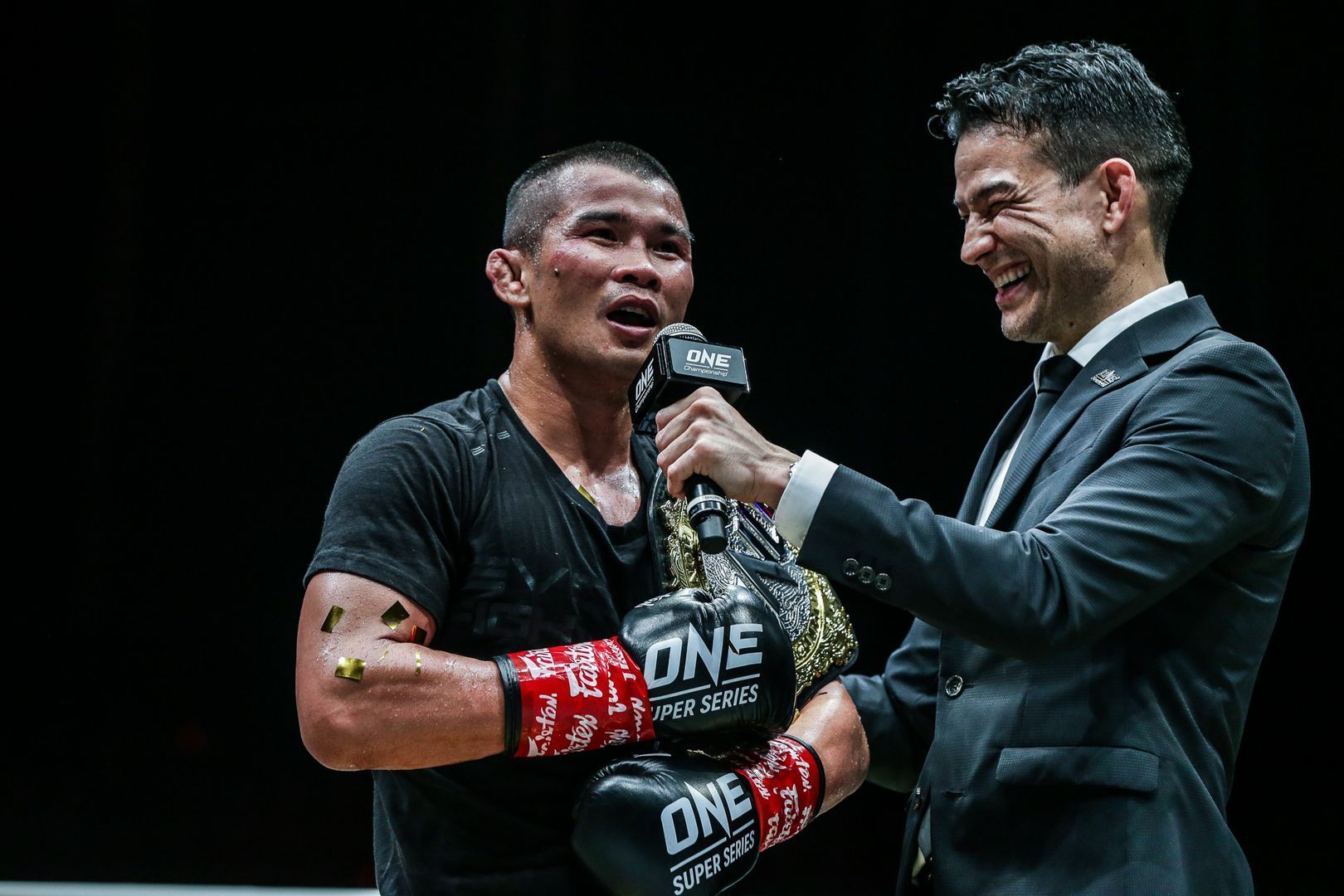Nong-O Gaiyanghadao reacts to his win against Brice Delval at ONE IMMORTAL TRIUMPH